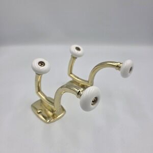 2~VTG MCM Gold Brass Wall Mounting Double Hanging Hooks White Ceramic Knobs 4.5"